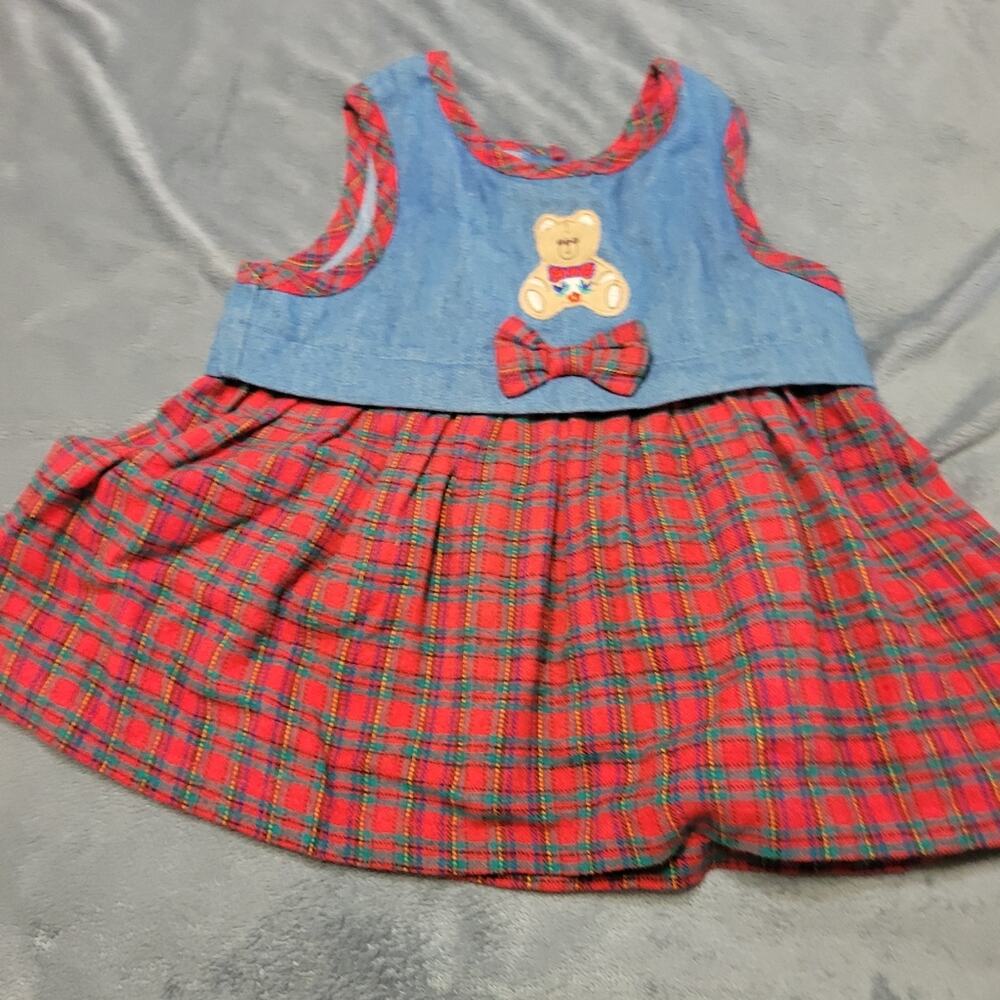 Vintage Denim Plaid Dress Girls 12 Months Blue Covered Buttons Bear Bow Holiday